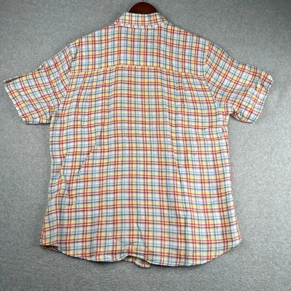 Alan Flusser Linen Blend Shirt Colorful Plaid Pocket Short Sleeve Button Up L
